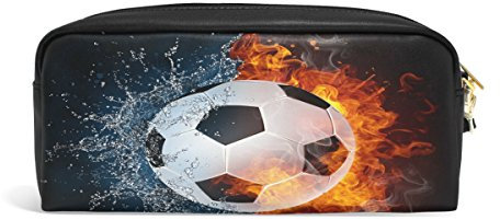 Domoko Soccer Ball in Fire and Water PU Leather Pen Pencil Case Pouch Case Makeup Cosmetic Travel School Bag