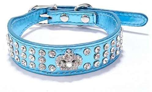 haoyueer Hundehalsband mit Strasssteinen, Krone, Strasssteinen, Schmuck, Kristall, PU-Leder, Haustier, Hund, Katze, Welpenhalsband, Größe M, Blau