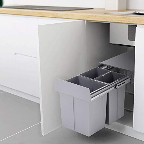 XEMQENER 40L Kitchen Pull out Bin Kitchen Under Sink Bin with Sliding Buffer 3 Removable Compartments Cupboard Waste Dust Bins Recycle Bins for 300-400mm Wide Cabinet
