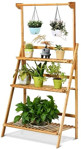 DREAMADE Pflanzenleiter aus Bambus, 3-Ebenen Pflanzenregal mit einstellbare Hängestange, Blumenleiter, Klappbarer Blumenständer, Pflanzentreppe für Indoor & Outdoor, 70x40x120-144cm