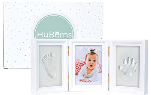 HuBorns – Marco huellas bebé recién nacido con arcilla, kit completo para huella pie y mano, cuadro recuerdo original, regalo bebé niño o niña y decoración habitación infantil