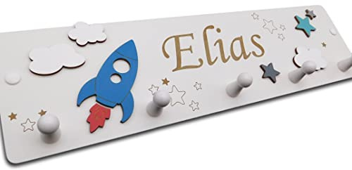 Kindergarderobe aus Holz mit Rakete, Wolken und Sternen I Kinderzimmerdekoration I Mit Wunschnamen personalisiert I Handgefertigt I Geburtsgeschenk oder Taufgeschenk