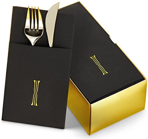 Lot de 50 serviettes en papier monogrammées noires avec poche pour couverts, 40,6 x 40,6 cm, serviettes jetables aspect lin, serviettes de poche pré-pliées pour mariage, fête ou fête prénatale