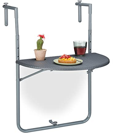 Relaxdays Tavolino da Balcone Pieghevole, 59,5 x 63 cm, Mini Tavolo Appeso, Regolabile in Altezza, Salvaspazio, Grigio, Acciaio