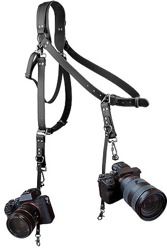4J LEDR Leather Camera Strap,Shoulder Camera Strap for 1 or 2 Camera,Dual Camera Harness for Photographers,Multi Camera Gear for Dslr/Slr Strap,Camera Harness Camera Sling Strap Single or Dual,Black