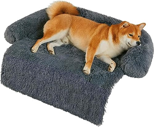 iyoimono Plüsch Hundebett Abnehmbarem Waschbar Hundekissen Hundesofa Katzenbett Hundecouch für Kleine Mittelgroße Hunde, rutschfest Boden Hundekorb mit Hoher Rand, 80 X 75 X 13 cm, Dunkelgrau