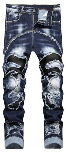HENGAO Jean déchiré pour homme Coupe ajustée Stretch Coupe droite, F860 Bleu foncé, 50