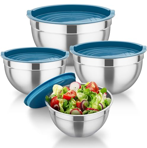TEAMFAR Rührschüssel mit Deckel, Edelstahl Schüssel Salatschüssel 4er Set, 4,5/3/1,5/1,2L Schüsselset für Küche, Stapelbar, Spülmaschinenfest, Blau
