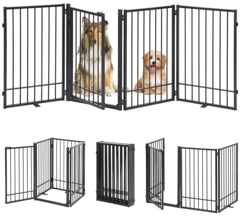 HIDOG Metal Freestanding Dog Gate with Door, Extra Wide 205cm, Height 78 cm Foldable Dog Gates for Doorways, Tall Dog Fence Indoor Outdoor Pet Gates, 4 Panels Pet Barrier for Stairs Hallways, Black