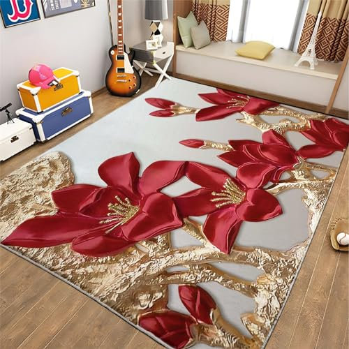 Tappeto Lavabile in Lavatrice 60x90cm Pianta Il Fiore Del Giglio Rosso Antiscivolo Tappeto per Sala da Pranzo e Soggiorno, Tappeto Pelo Basso, Bianco Tappeto da Comodino per Camera da Letto