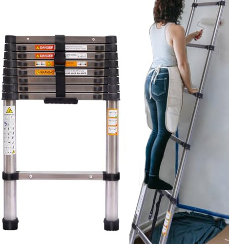 Échelle Télescopique 2,6M Escabeau Telescopique Pliable échelle Pliante en Acier Inoxydable, Marchepieds escamotables, Charge Max 150 kg