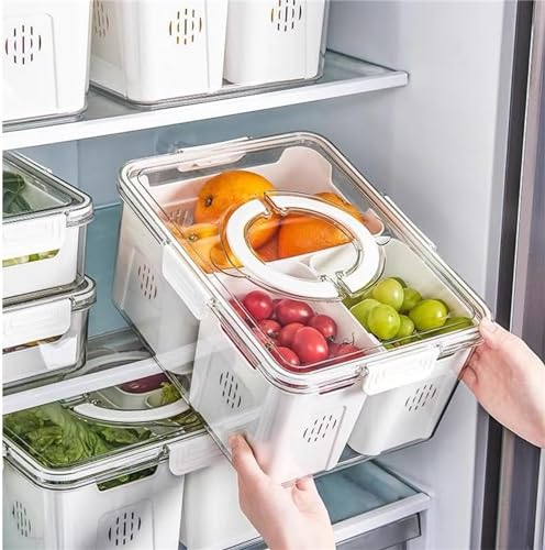 Obst-Aufbewahrungsbehälter für Kühlschrank mit Deckel, Griff, tragbarer Lebensmittel-Aufbewahrungsbehälter mit 3/4 abnehmbaren Colanders, Beere Gemüse Saver, Kühlschrank Organizer Behälter (3 Fächer)