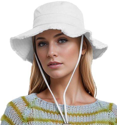 YAMEE Fischerhut Damen Baumwolle mit Fransen am Hut Rand,Sonnenhut Herren Fischerhut Unifarben mit Kinnriemen,Unisex Bucket-Sun Hat Sonnenschutz,Anglerhut Damen Packable Hut Sommer Outdoor Aktivitäten