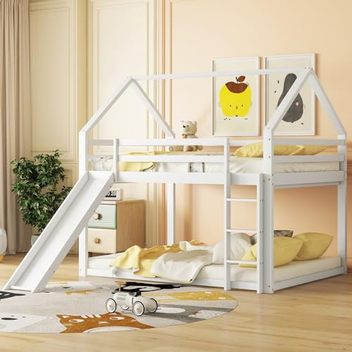 Lettino per bambini 140 x 200 cm, letto a soppalco con scivolo e scala, letto in legno di pino con rete a doghe e ringhiere, senza materasso, adatto per bambini e ragazzi (bianco)