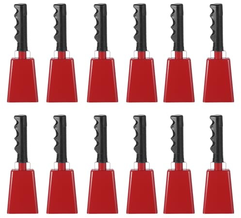 PATIKIL 12 Stück 9inch Kuhglocken laute Geräuschemacher aus Metall Rot | Kuhglocken für Sportveranstaltungen in großen Mengen, für Fußballspiele, mit Griff, für Jubelwettbewerbe