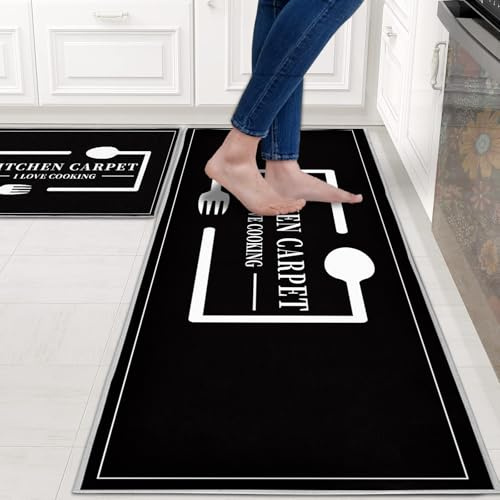 HZVRTN Küchenteppich waschbar rutschfest Küchenmatte,KomfortWasserdichte Stehmatte für Haus, Küche und Waschküche 2-Teiliges (Schwarze Fußmatte, 40x60+40x120cm)