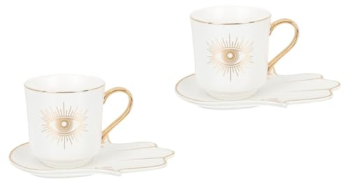 PRETYZOOM 2 Sets Mark Ceramic Mug Evil Eye Tea Cups Saucer Milk Cappuccino Cups with Porcelain Espresso Cups Pottery Mug Cup with Lid Evil Eye Coffee Mug Evil Eyes Coffee Cup Ceramics White