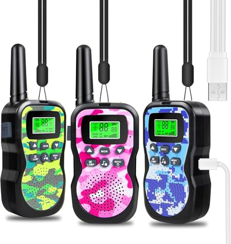 JUAUO Walkie Talkie Niños Recargable, 48 Horas de Tiempo de Trabajo, Alcance de 3 km, con VOX/Linterna/8 Canales, Regalos de Cumpleaños Juguetes al Aire Libre para niños de 3-12 años, 3 Unidades