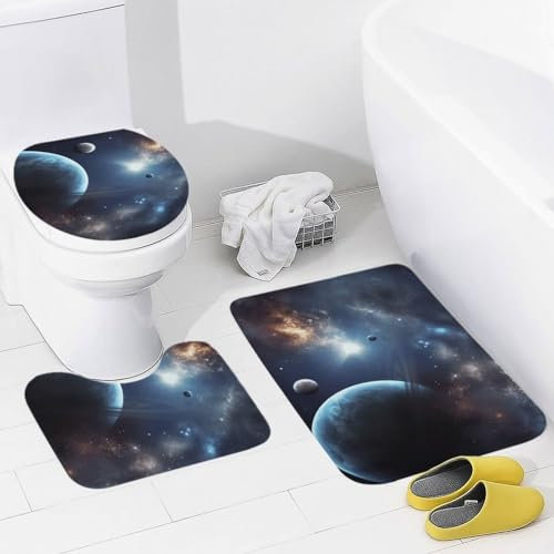 Badezimmerteppich-Set, 3-teilig, Badematte mit U-förmiger Kontur, WC-Vorleger, rutschfeste Bodenmatte, saugfähige Mikrofaser, Mond, Sterne und Planeten, Badteppiche für Badezimmer, Badewanne,