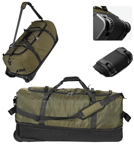 YHYEH Faltbare Reisetasche mit 2 Rädern,PVC Wasserdicht,110L-140L Erweiterbar,Ohne Teleskopstange,Leicht & Robust für Zug,Auto,Schiffsreisen,olivgrün