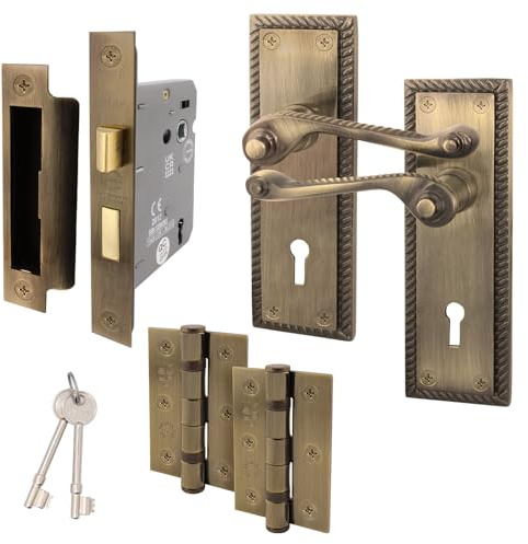 EAI Antique Brass Georgian Scroll Door Handle Key Lock Set - 1 Pair Internal Handles, Hinges, Lock (80mm) & Keys - Rope Design