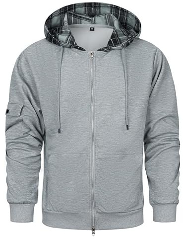 AOTORR Men's Hoodie Full Zip Hoodies Sweatshirt Patchwork Top Long Sleeve Hoody Casual Tops with Pockets Gray S