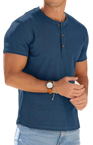 PrinStory Men's Henley T-Shirts Cotton Short Sleeve Tops Casual Summer Muscle Slim Fit Tee For Men Gym Golf Activewear (Blue, L)