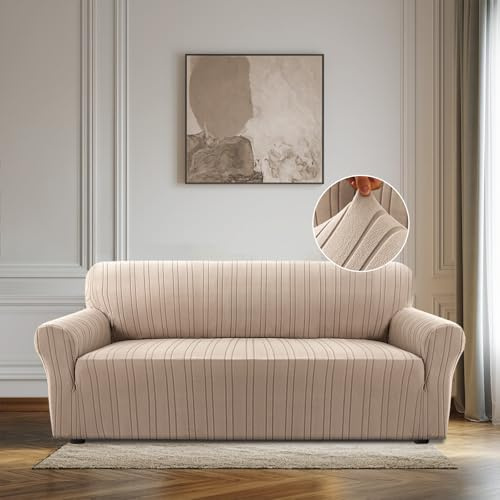 BellaHills Stretch Sofa Überzug 3 Sitzer (185-215CM), Sesselschoner rutschfest Mit Armlehne, Elastische Couch Überzug, Universal Sofa Cover Moderne, Sofaschoner für Hund Katze, Sand