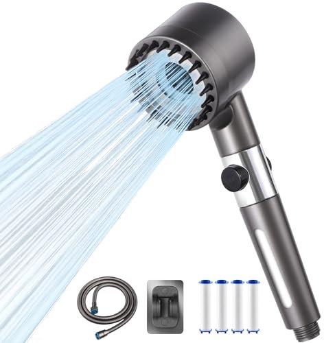 LENDOO Doccino per Doccia,Soffione Doccia Alta Pressione con tubo 1.5M 4 Modalità di Spruzzo Soffione Doccia Anticalcare con 4 Sostituibile Filtro Doccia con Potente de Pulverización y Pausa (Grigio)