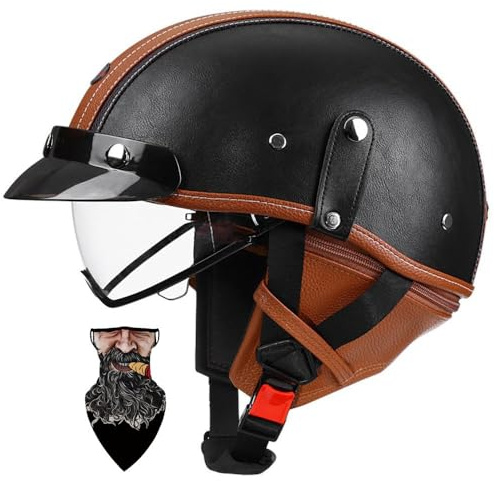 HALYING Casco Moto retrò Vintage, Casco Scodella Semi Integrale con Visiera, Casco Aperto Jet in ABS, Certificato ECE, per Motocicletta, Scooter e Bici Elettrica per Uomo e Donna