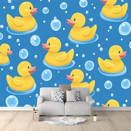 Papier Peint Panoramique Petit Canard Jaune Bulles Intissé 3D – Grande Murale Décorative Pour Salon, Chambre Adulte Ou Enfant,Tapisserie Moderne Pour La Maison 200 X 140 Cm Jaune Bleu