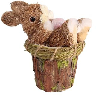 sporful Decoración de conejo de Pascua tejida con paja, estatua creativa para oficina, patios, mesa, 9,5 x 16,5 x 14,5 cm