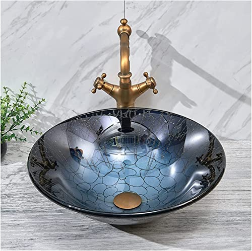 HPTHLY Ceramic Bathroom Round Countertop Basin, Hand Painted Retro Bathroom Vessel, Tempered Glass Washbasin Fo,Yellowwashbasin+Faucet,Yellow-Washbasin+Faucet