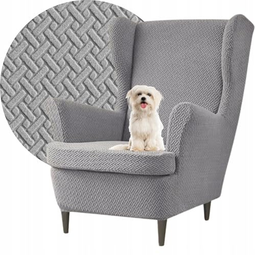 Domidekor Ohrensessel Überzug – Sesselschoner – Sesselbezug Stretch Grau - Strandmon Sessel Bezug – Sesselhusse Elastisch Jacquard Fischgrät Schmutzabweisend - Oeko-Tex 100