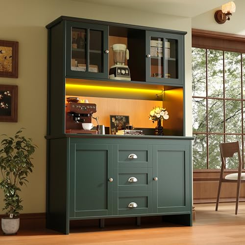 Lahoomu Küchenschränke (120 x 40 x 179 cm), hohe Sideboards, mit Braunen Glastüren und LED-Beleuchtung, Grün