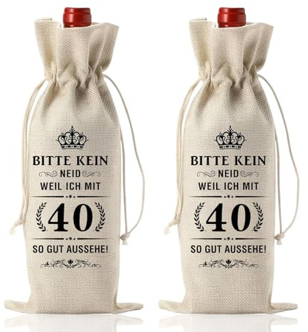 2 Stück Weinflasche Tasche, Flachs Weinbeutel Geschenktüten, Geschenke zum 40 Geburtstag, Wein Geschenktasche, Geburtstagsgeschenk für Männer und Frauen