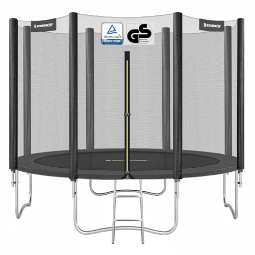 SONGMICS Cama Elástica, 305 cm, Trampolín para Niños con Red, Cojín de Seguridad, Escalera, Mástil Recto de 180 cm de Altura, Marco de Acero, Negro STR101BZ01