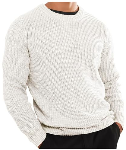 Mymyguoe Pull d'hiver en grosse maille pour homme - Couleur unie - Décontracté - Col rond - Pull de loisirs - Doux et confortable, Blanc., L
