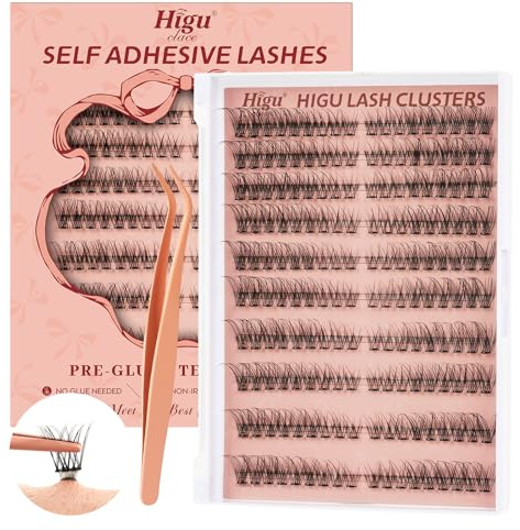Higu clace Pre-Glued Eyelashes 180pcs Self Adhesive Eyelashes D Curl, Self Adhesive Lashes No Glue Needed, Pre-Glued Cluster Lashes Kit with Lash Tweezers (Wispy)