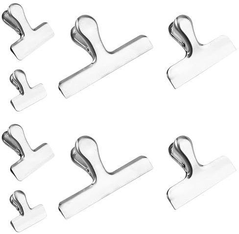 NIYANGLE Lot de 8 Pinces à Sachets en Acier Inoxydable Alimentaire Tailles 4-12 CM Fermeture Hermétique pour Snacks la Cuisine Bureau et Maison Pinces Réutilisables Robustes pour