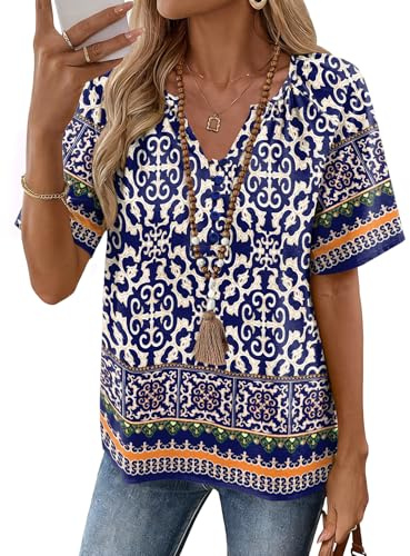 Rapbin Womens Summer Tops V Neck Short Sleeve Cotton Linen Blouse Boho Top | Breathable Buttons Elegant Shirts Dressy Casual Tunic Loose Fit