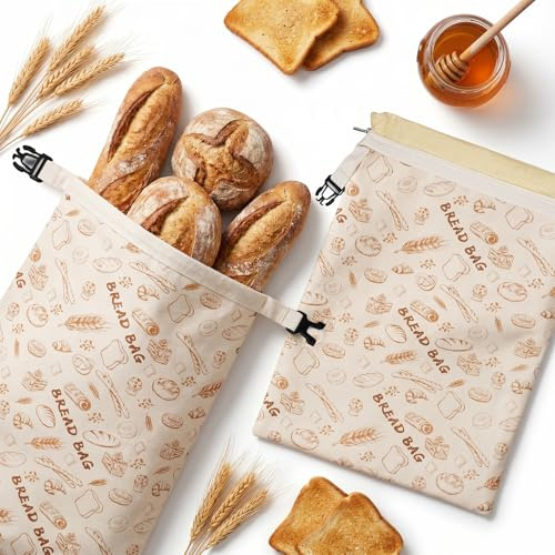 Set di 2 sacchetti per il pane in cera d'api con chiusura lampo, 33 x 43 cm, in cotone, riutilizzabili, per pane e prodotti da forno, adatti per frigorifero e congelatore