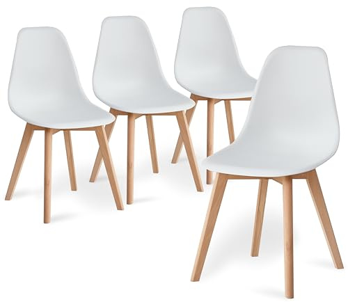 BenyLed Set di 4 Sedie da Pranzo Moderna Sedia Laterale con Sedile in PP e Gambe in Legno di Faggio ideale per Sala da Pranzo, Cucina, Soggiorno, Camera da Letto (Bianca)