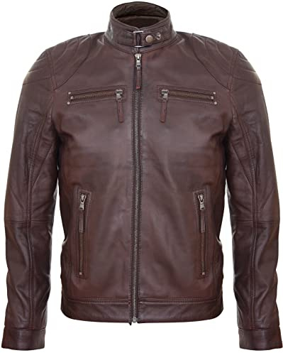 Veste Zippée pour Homme Marron 100% Cuir Véritable Moto Courses Motard Mode S