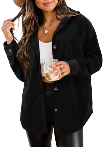 ZOLUCKY Womens Corduroy Shacket Casual Lapel Button Down Shirts Long Sleeve Oversized Shacket Jacket Blouses Tops, Black Medium