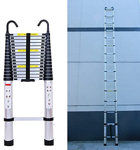 Ausziehleiter Teleskopleiter 6,2m, Rutschfester Aluminium Leiter mit 2 Haken, Loftleiter Stehleiter mit 13 Sprossen, 150 kg Tragkraft