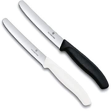 Victorinox | Küchenmesser-Set | 2 Stück Schwarz/Weiß | Klingenlänge: 11cm | Extra scharfer Wellenschliff | Tafelmesser mit ergonomischen Griff