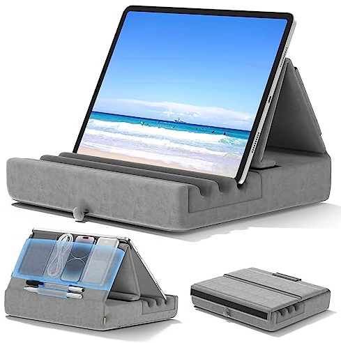 KDD Tablet Pillow Holder, Foldable iPad Stand for Lap, Bed and Desk -Tablet Soft Pad Dock with Pocket & Stylus Mount Compatible with iPad Pro 12.9, 10.5, 9.7 Air Mini 6 5 4 3, Kindle, E-Reader, Gray