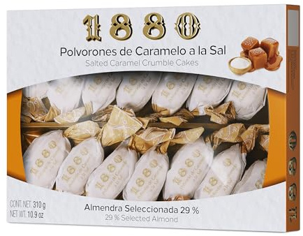 1880 - Sablés Caramel Salé, Qualité Suprême, Douceur typique de Noël, Recette Artisanale, Boîte Unique, Polvorones Traditionnels, Fabriqués avec des Amandes Sélectionnées, 280 Grammes