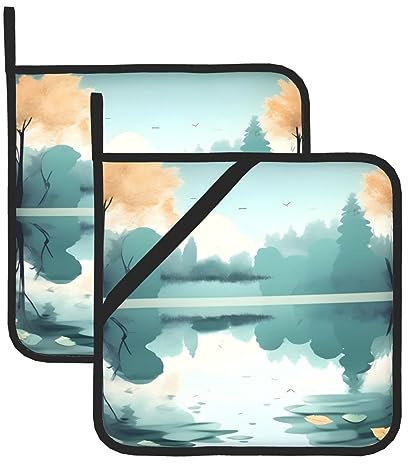Lot de 2 maniques isothermes lavables et résistantes à la chaleur, feuilles tombées sur un lac tranquille, 20,3 x 20,3 cm, accessoires pour four de cuisson